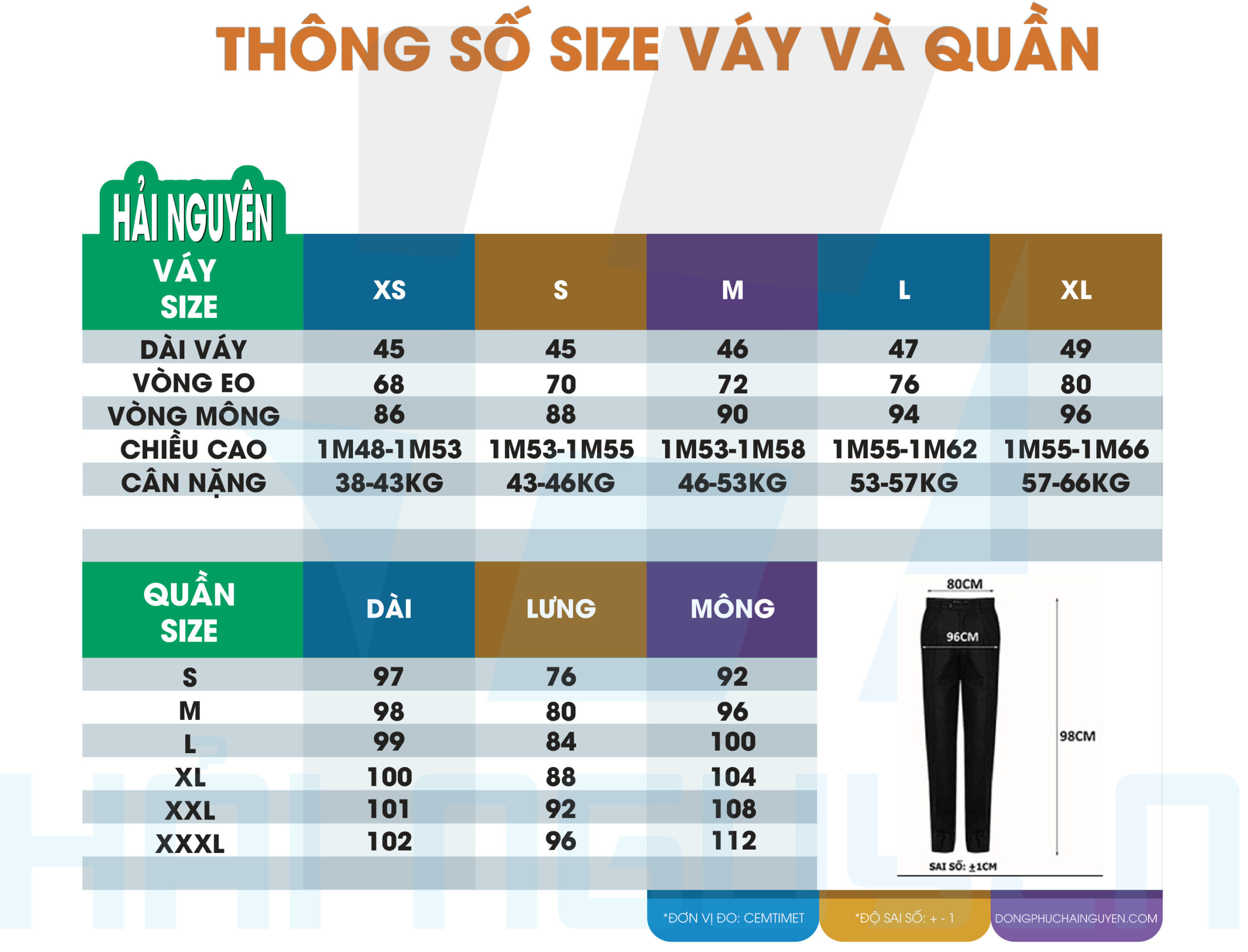 hướng dẫn chọn size váy và quần -Hainguyengroup.vn