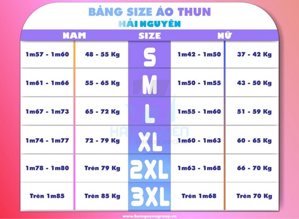 Bảng hướng dẫn chọn size áo thun