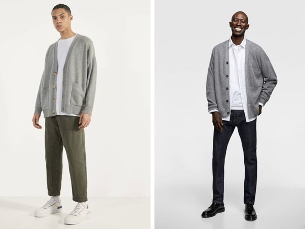 Quần jean ống suông cùng với áo cardigan và giày sneaker