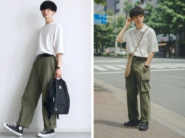 Outfit quần xanh rêu kết hợp với áo màu trắng cho nam