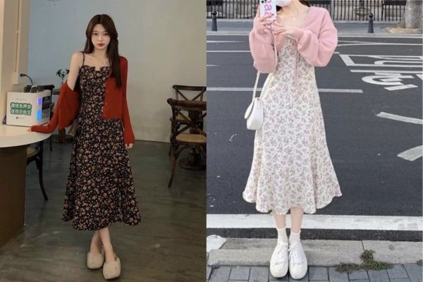 Váy hoa nhí phối cùng áo cardigan điệu đà, tinh tế