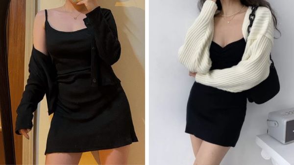 Mix áo khoác cardigan với váy 2 dây màu đen