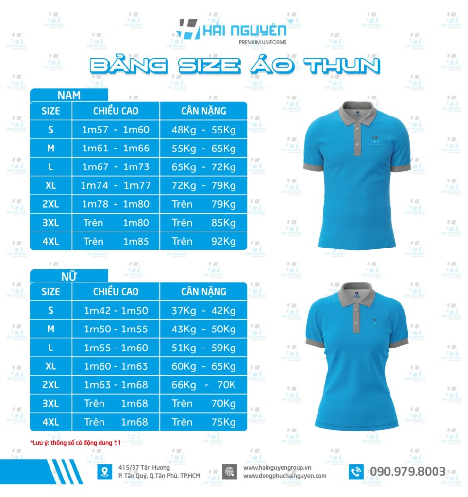 Bảng size áo thun có cổ