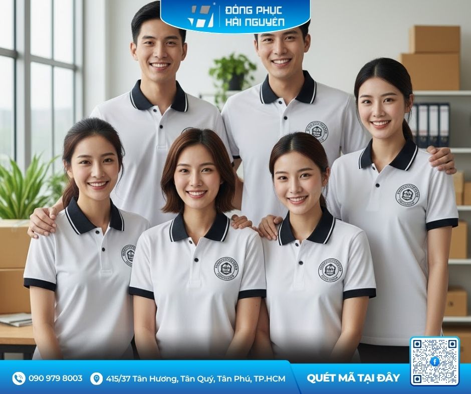 Đồng phục áo polo văn phòng màu trắng phối đen thanh lịch