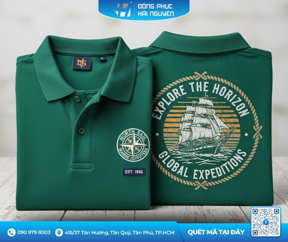 Áo thun polo màu xanh hình in sắc nét